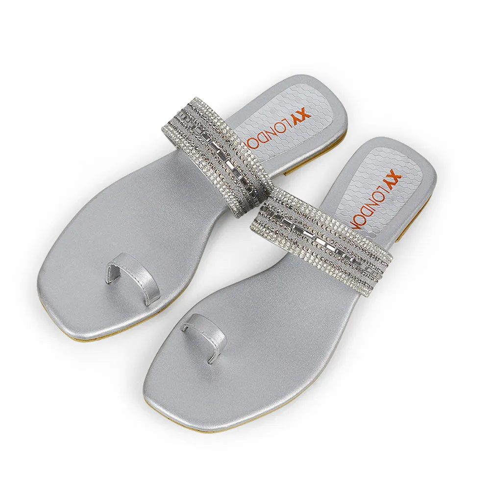 Rogan Strappy Slip on Toe Post Ring Diamante Flat Sandal Sliders in Black