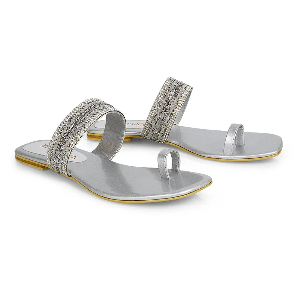 Rogan Strappy Slip on Toe Post Ring Diamante Flat Sandal Sliders in Black