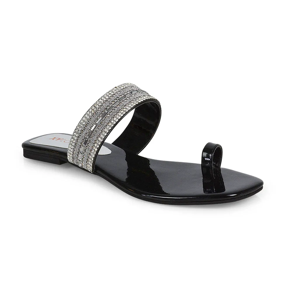 Rogan Strappy Slip on Toe Post Ring Diamante Flat Sandal Sliders in Black