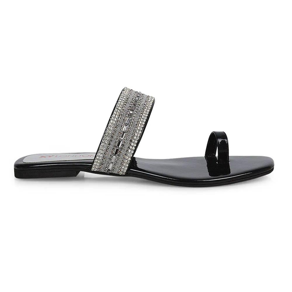 Rogan Strappy Slip on Toe Post Ring Diamante Flat Sandal Sliders in Black