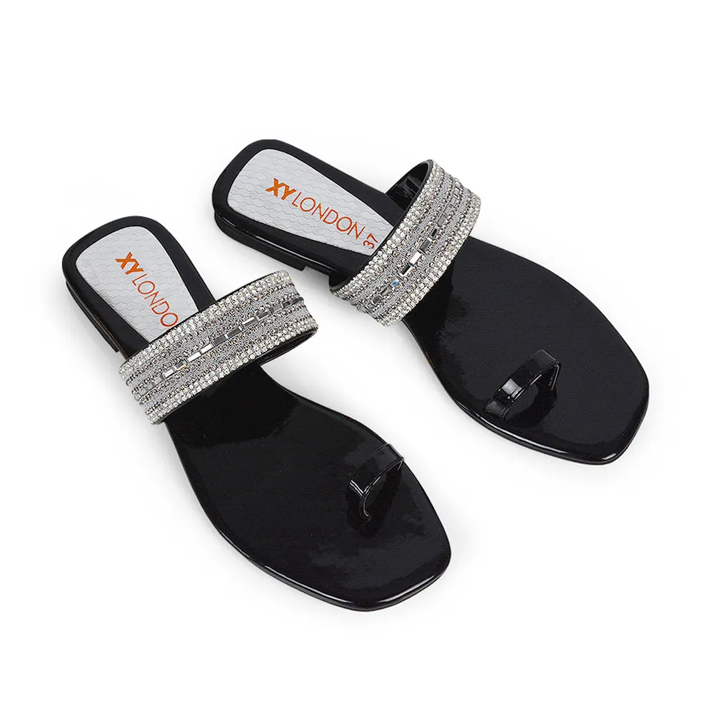 Rogan Strappy Slip on Toe Post Ring Diamante Flat Sandal Sliders in Black