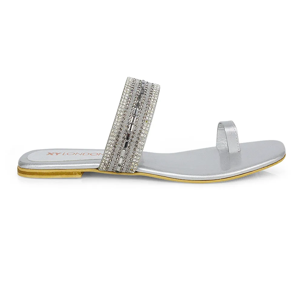 Rogan Strappy Slip on Toe Post Ring Diamante Flat Sandal Sliders in Black