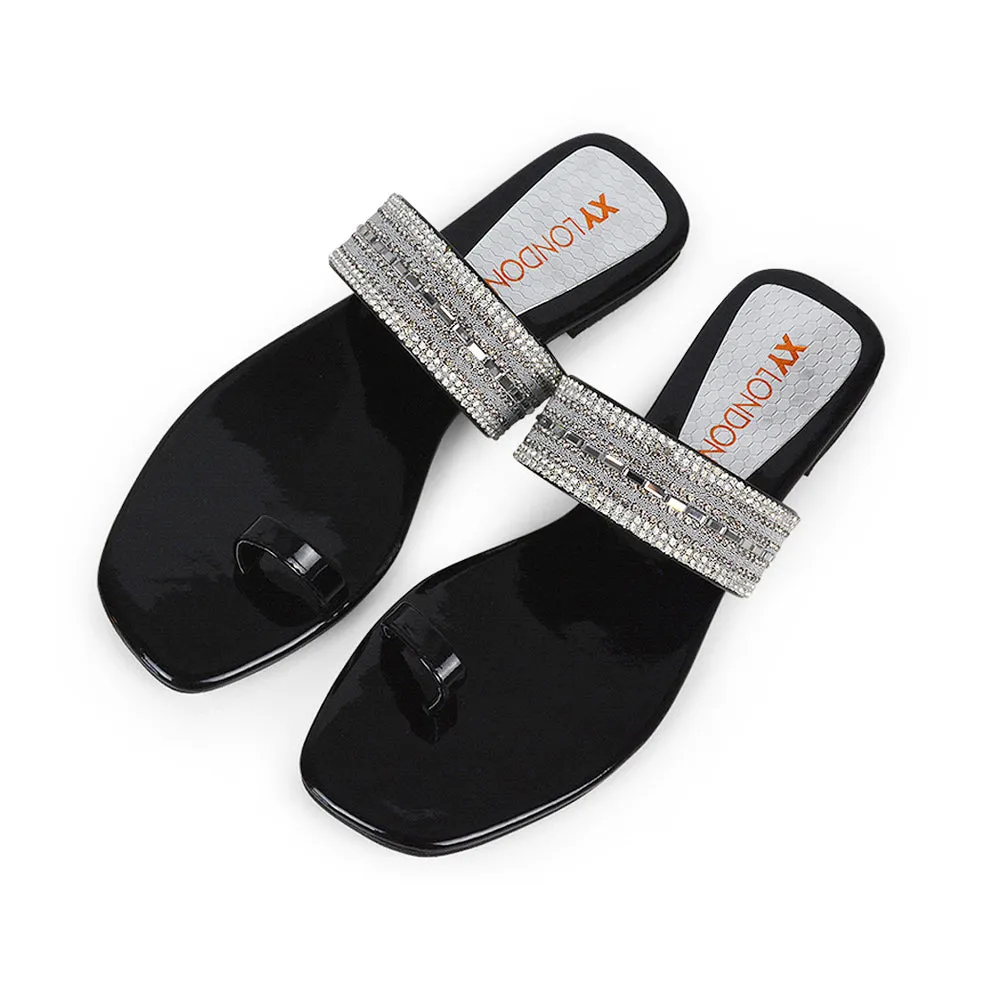 Rogan Strappy Slip on Toe Post Ring Diamante Flat Sandal Sliders in Black