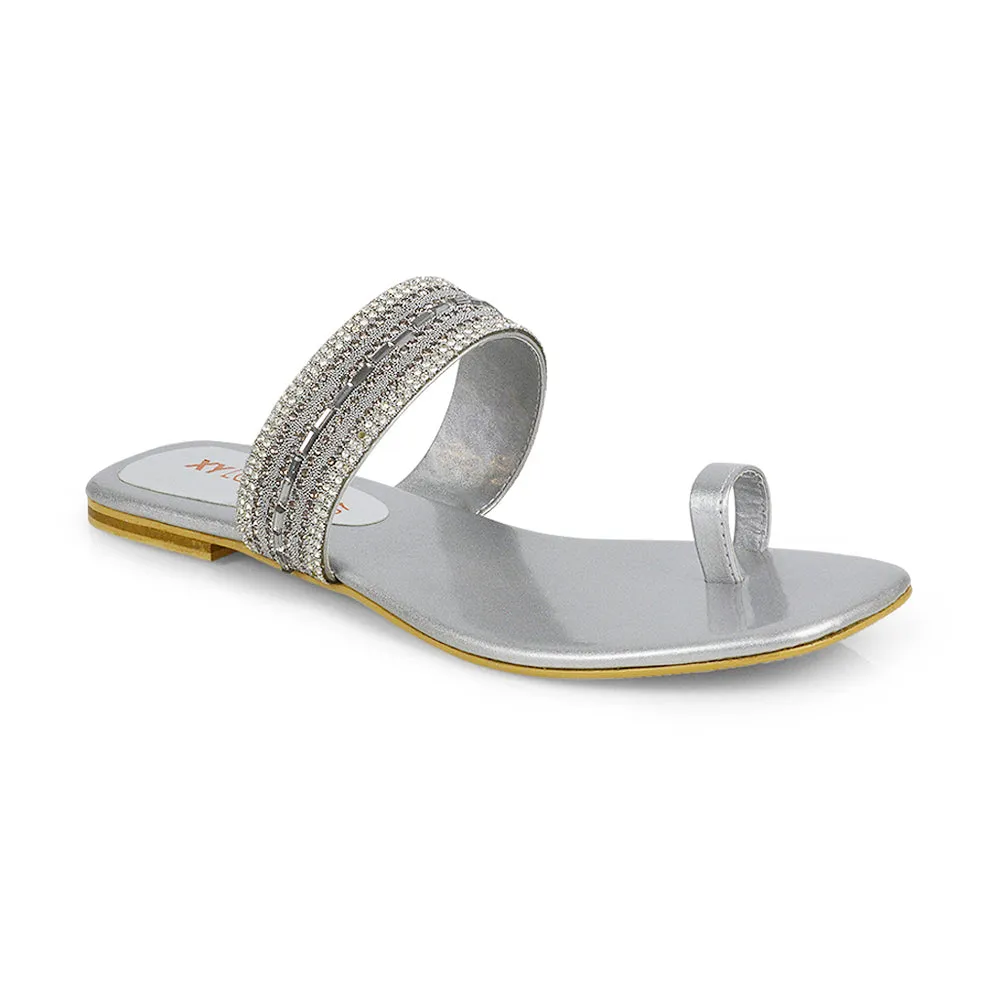 Rogan Strappy Slip on Toe Post Ring Diamante Flat Sandal Sliders in Black