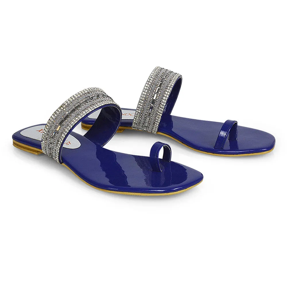 Rogan Strappy Slip on Toe Post Ring Diamante Flat Sandal Sliders in Black