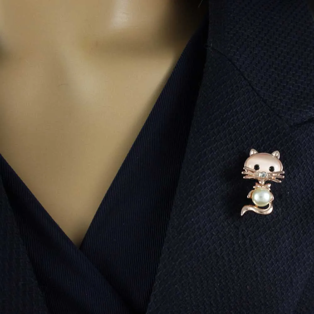 Rose Gold Pearl Belly and Pink Cats Eye Cat Brooch Pin - PRC401