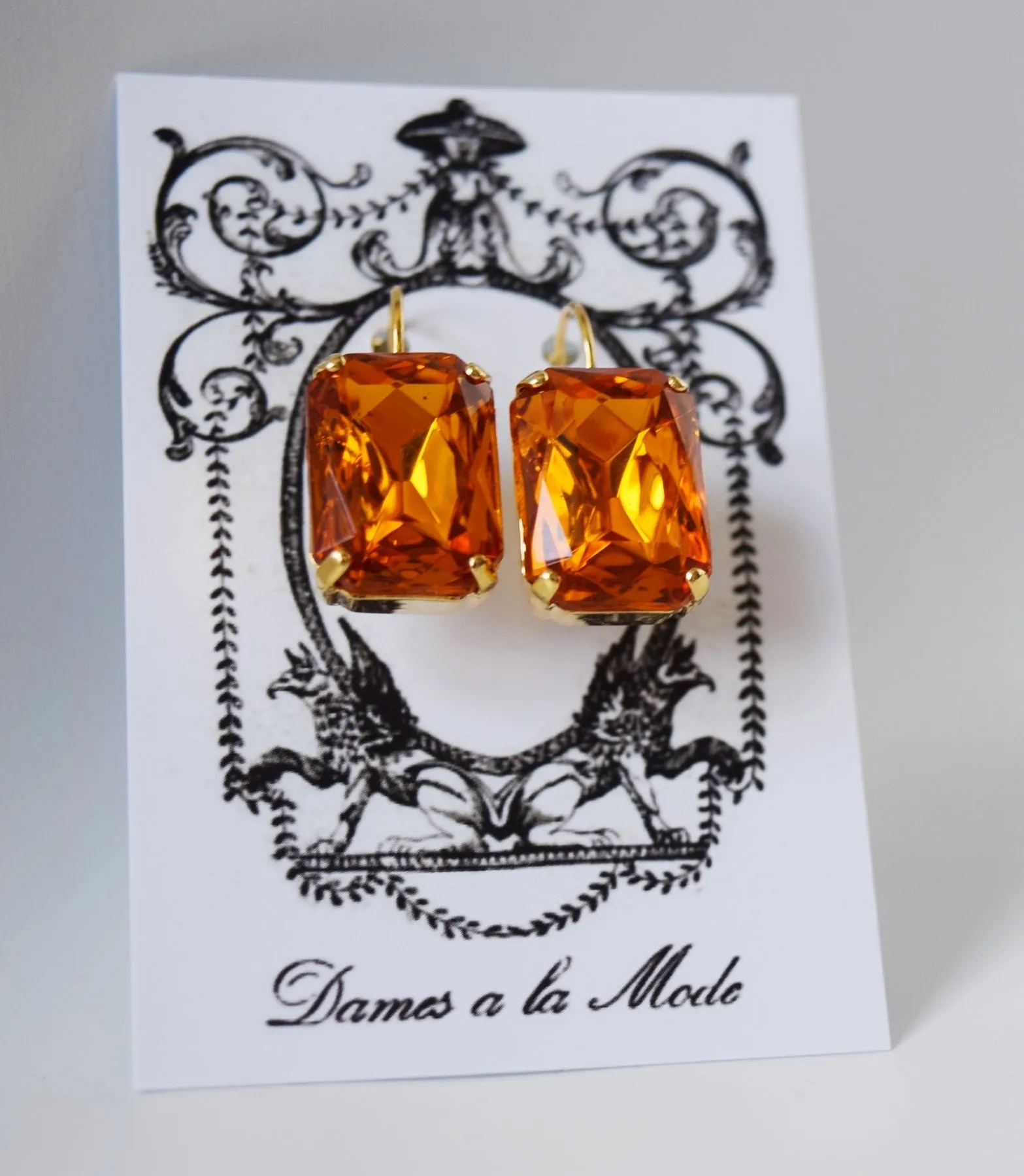 SALE! Orange Topaz Crystal Earrings - Large Octagon