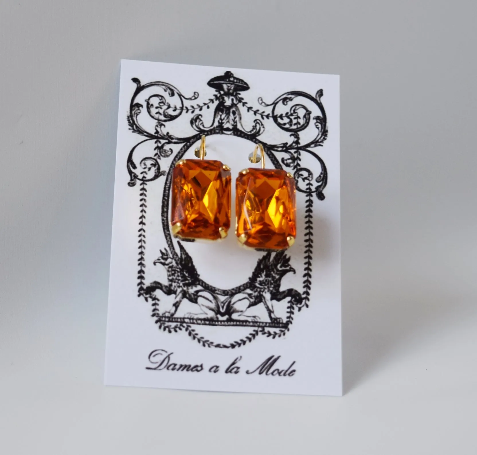 SALE! Orange Topaz Crystal Earrings - Large Octagon