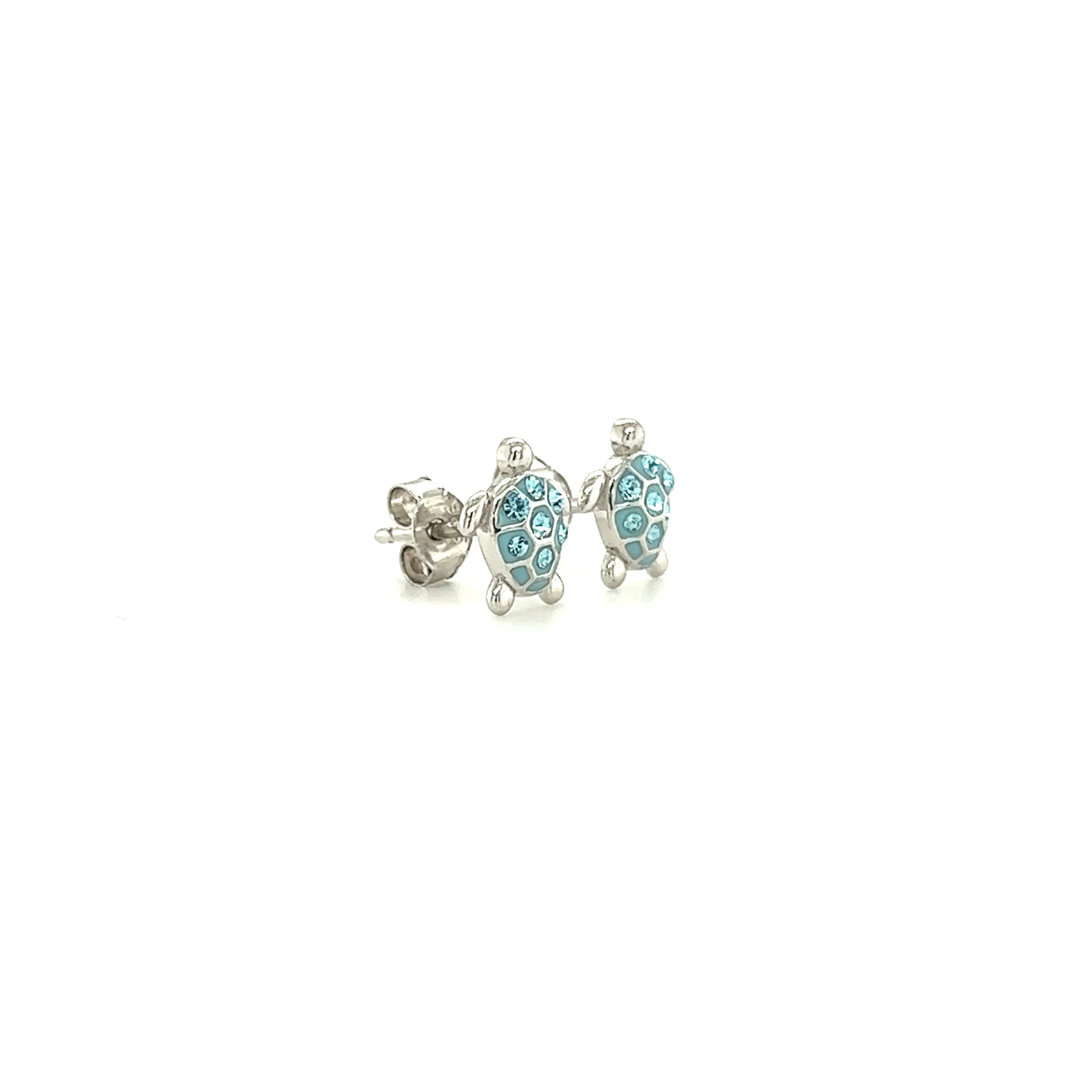 Sea Turtle Stud Earrings with Aqua Crystals in Sterling Silver