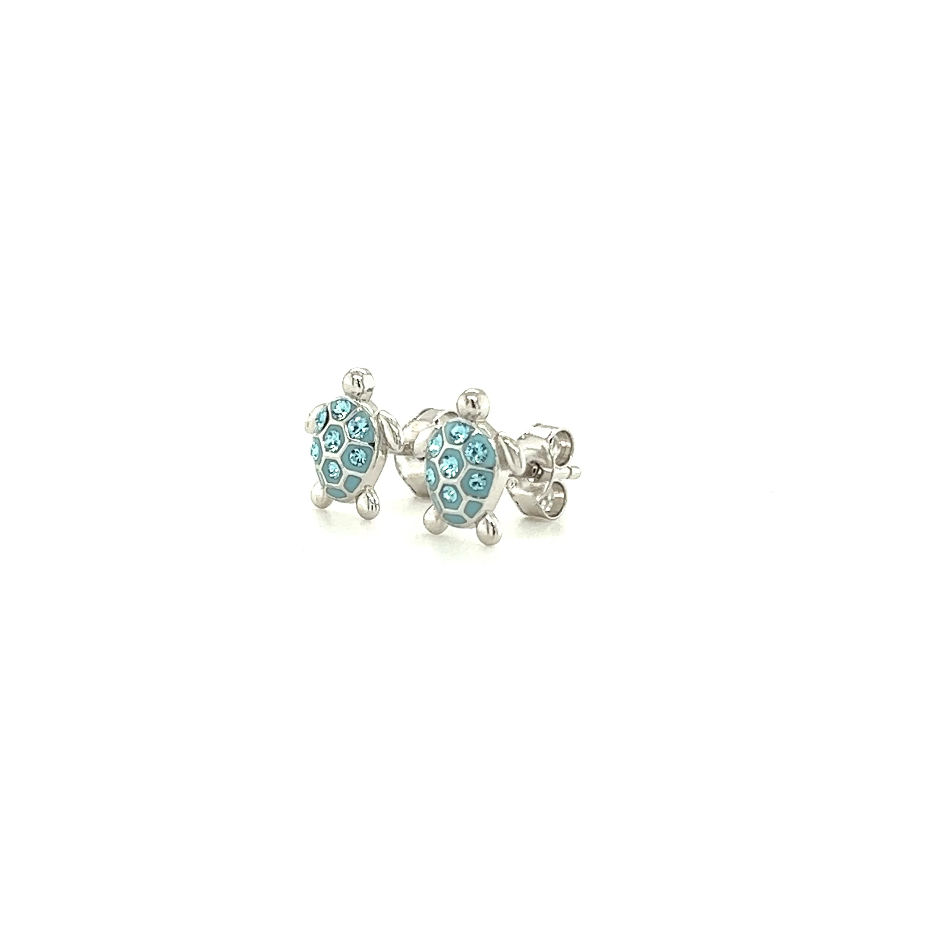 Sea Turtle Stud Earrings with Aqua Crystals in Sterling Silver