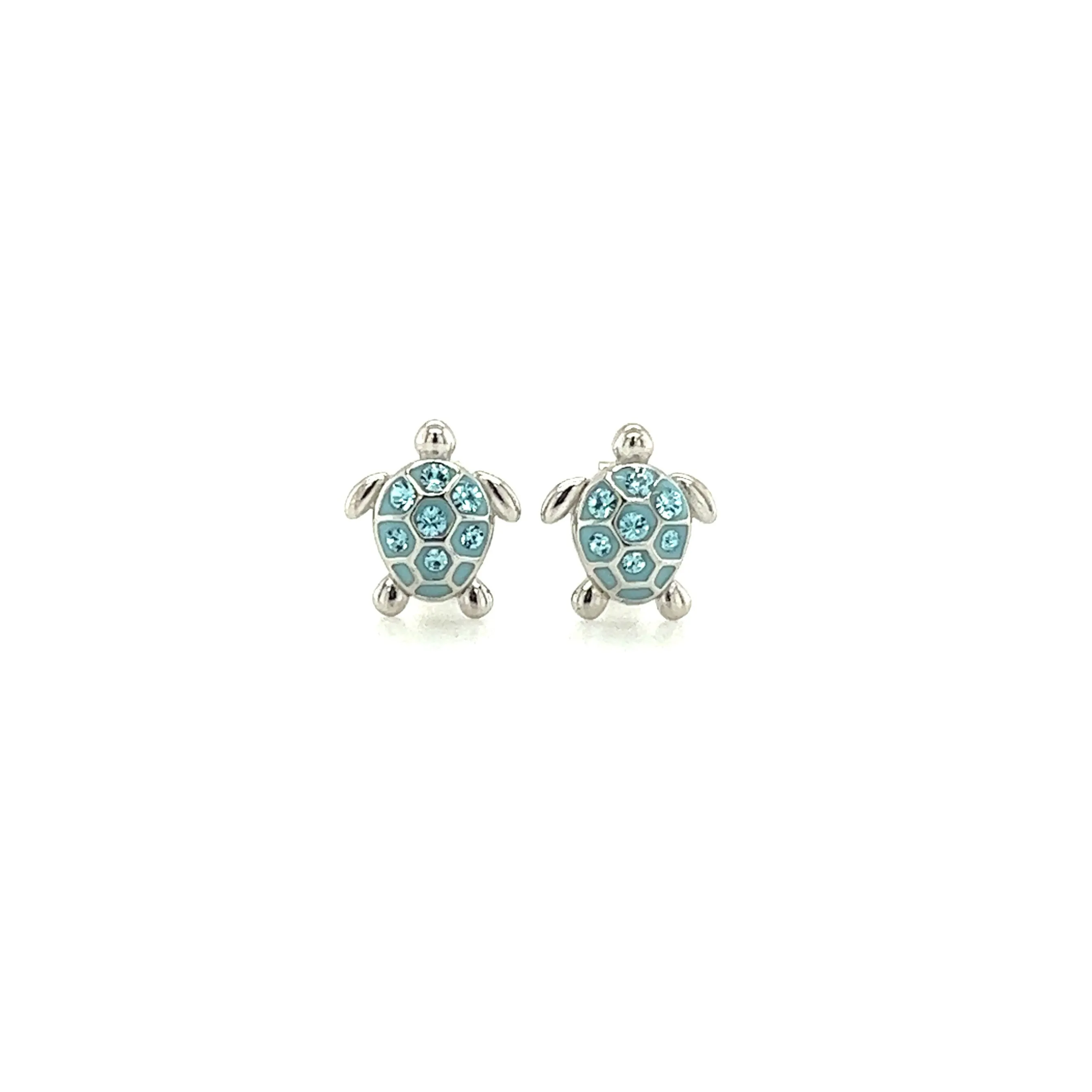 Sea Turtle Stud Earrings with Aqua Crystals in Sterling Silver
