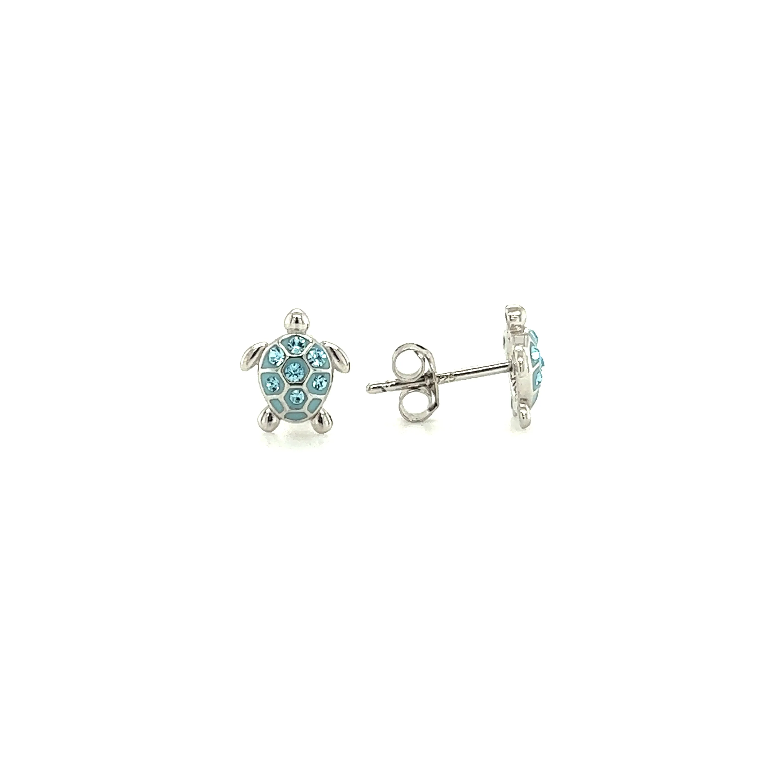 Sea Turtle Stud Earrings with Aqua Crystals in Sterling Silver