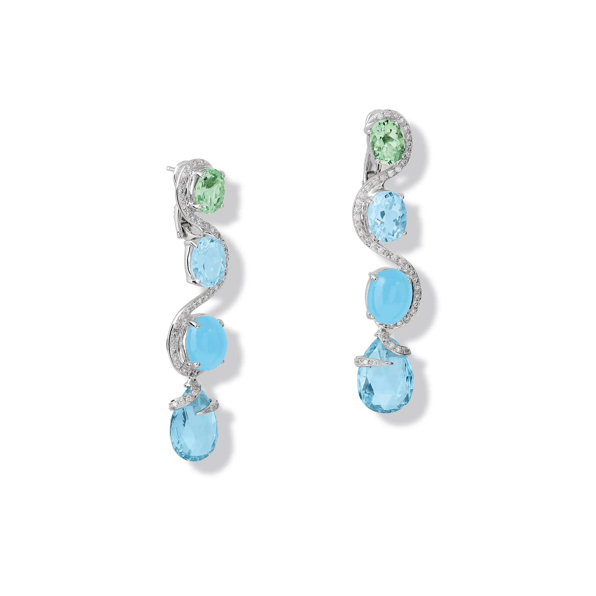 Shanghai Earrings 18ct White Gold - Green Beryl, Blue Topaz, Aquamarine, Prasiolite & Diamond