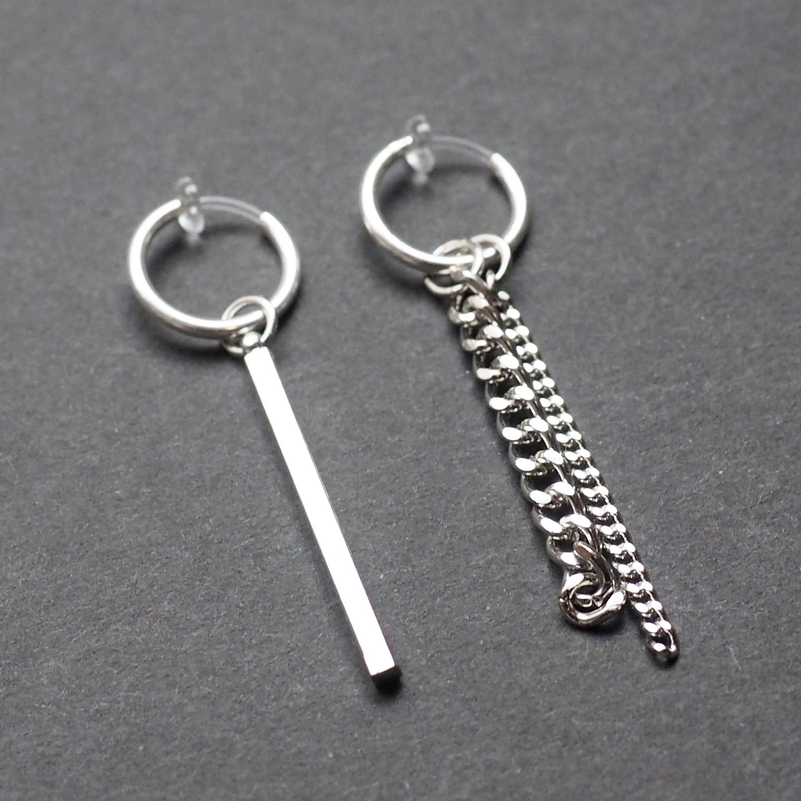Silver Chain & Bar Invisible Clip On Hoop Earrings