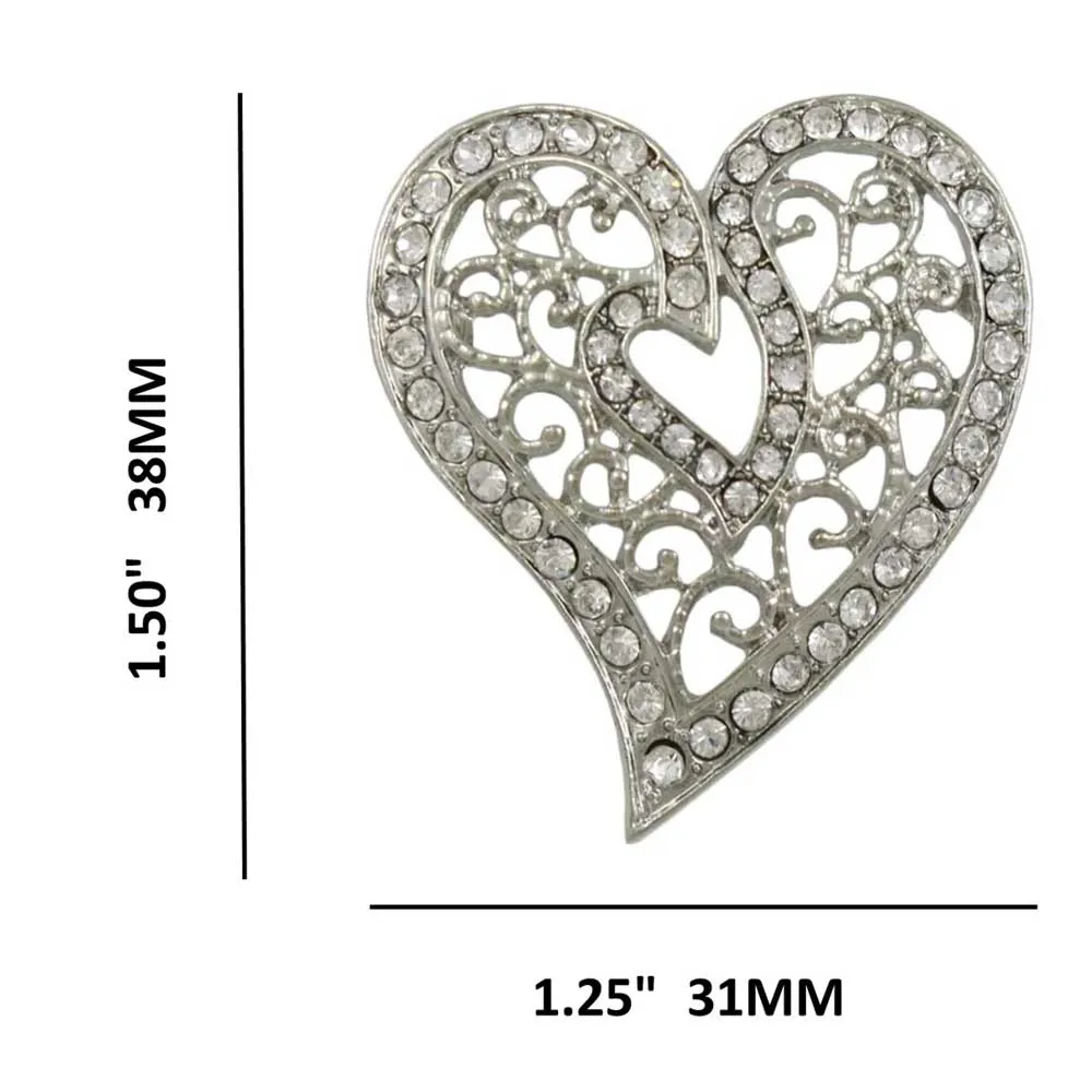 Silver Crystal Filigree Heart Brooch Pin - PRH131S