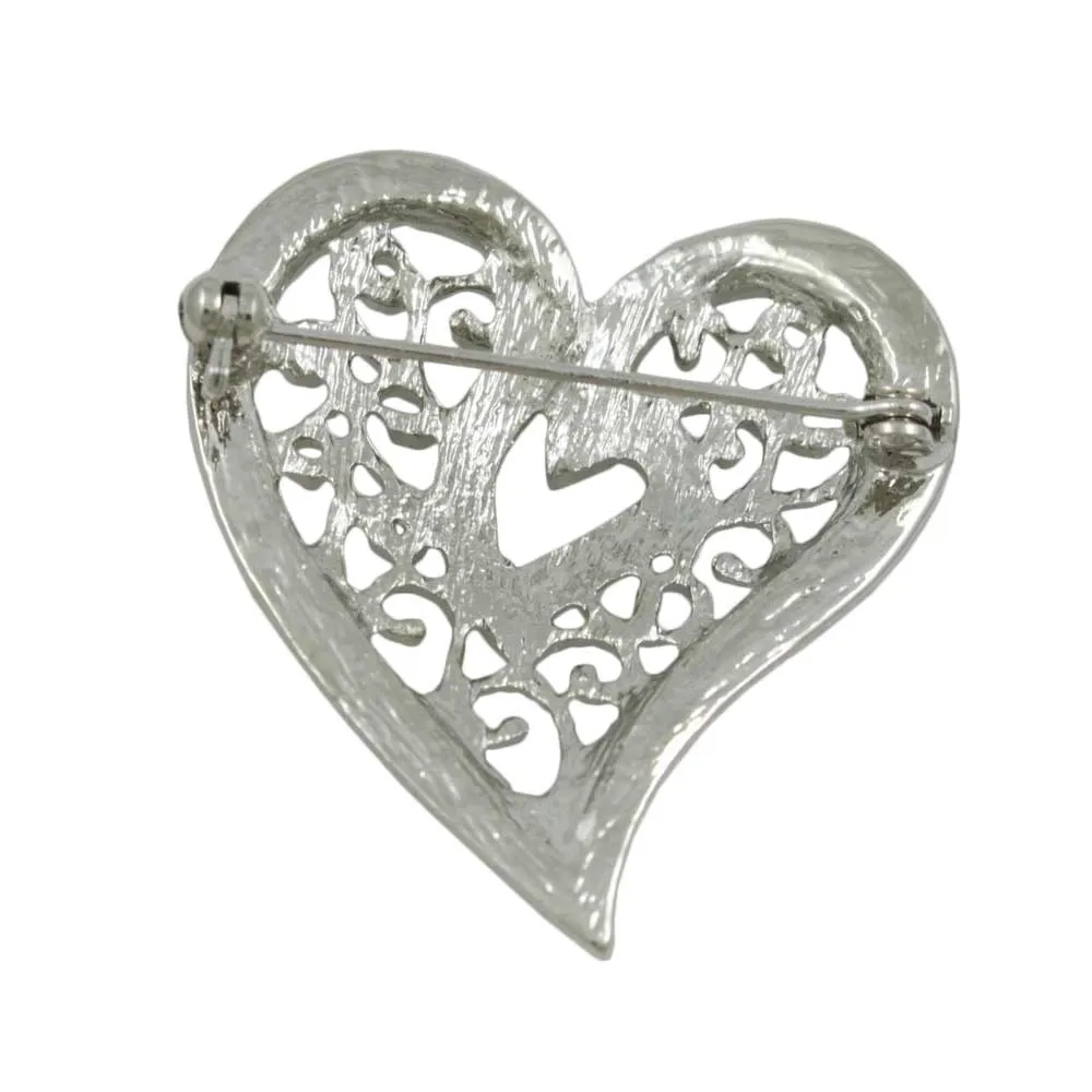 Silver Crystal Filigree Heart Brooch Pin - PRH131S