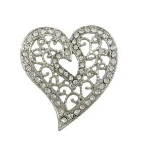 Silver Crystal Filigree Heart Brooch Pin - PRH131S