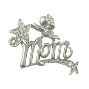 Silver MOM Cherub and Crystal Shooting Star Brooch Pin - PRF321S