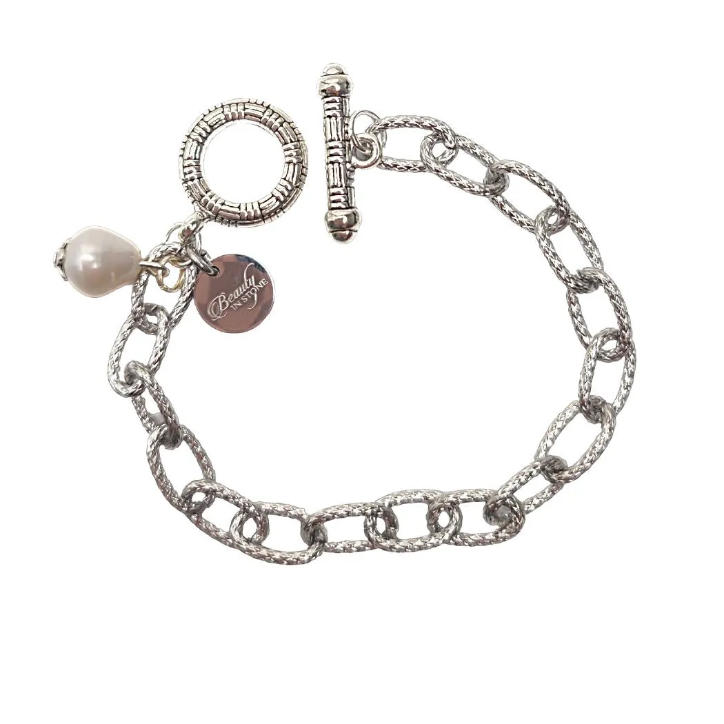 Stainless Steel Chain Link Bracelet With Pearl