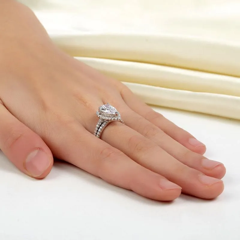 Sterling 925 Silver Bridal Wedding Promise Engagement Ring Set 2 Ct Pear Jewelry Simulated Diamond