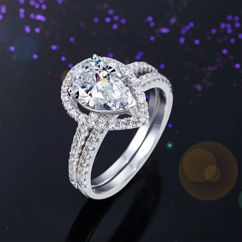 Sterling 925 Silver Bridal Wedding Promise Engagement Ring Set 2 Ct Pear Jewelry Simulated Diamond