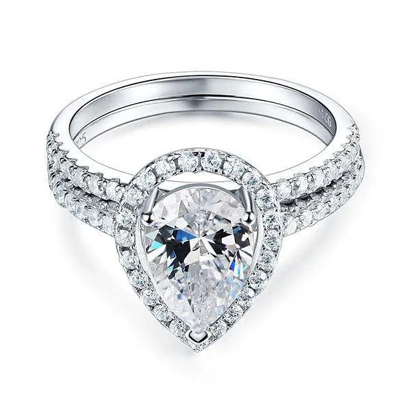 Sterling 925 Silver Bridal Wedding Promise Engagement Ring Set 2 Ct Pear Jewelry Simulated Diamond