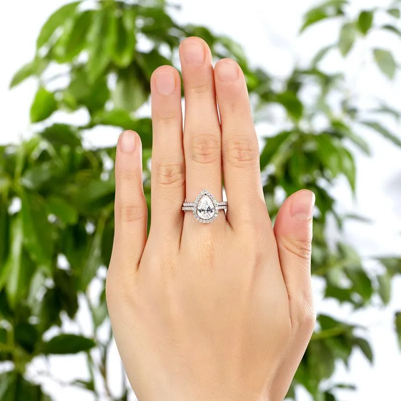 Sterling 925 Silver Bridal Wedding Promise Engagement Ring Set 2 Ct Pear Jewelry Simulated Diamond