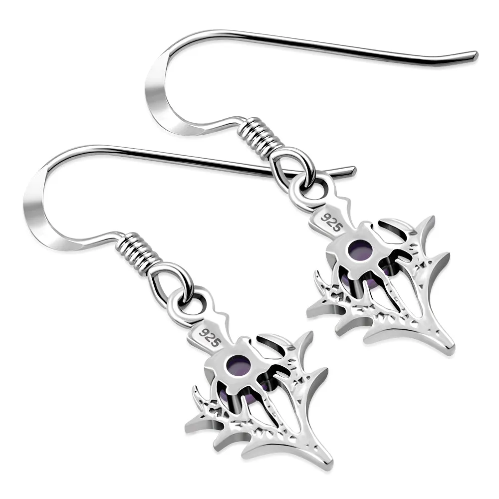Tiny Silver Thistle Earrings set w/ Amethyst Cab Stone