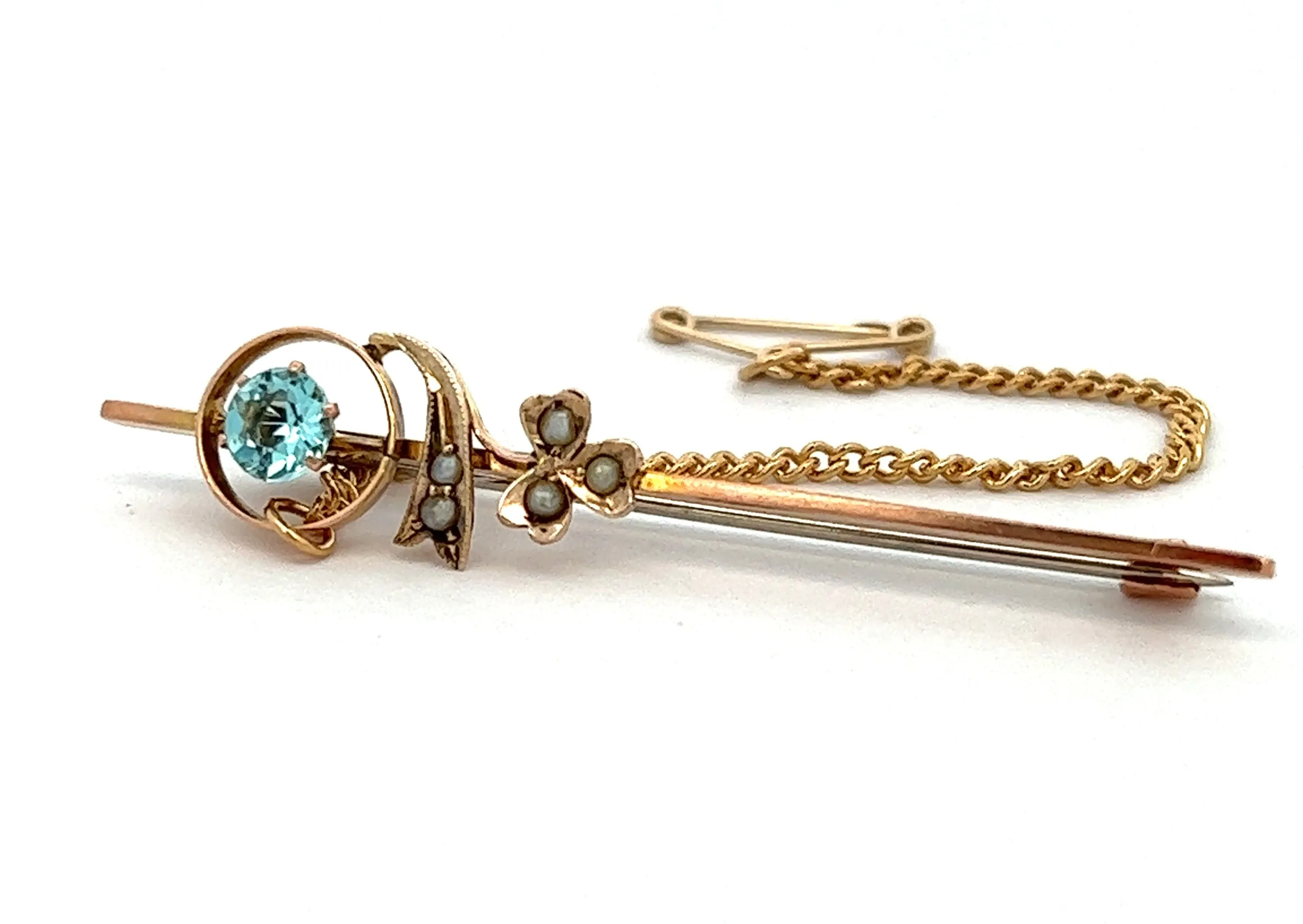 Topaz & Seed Pearl 9ct Rose Gold Bar Brooch