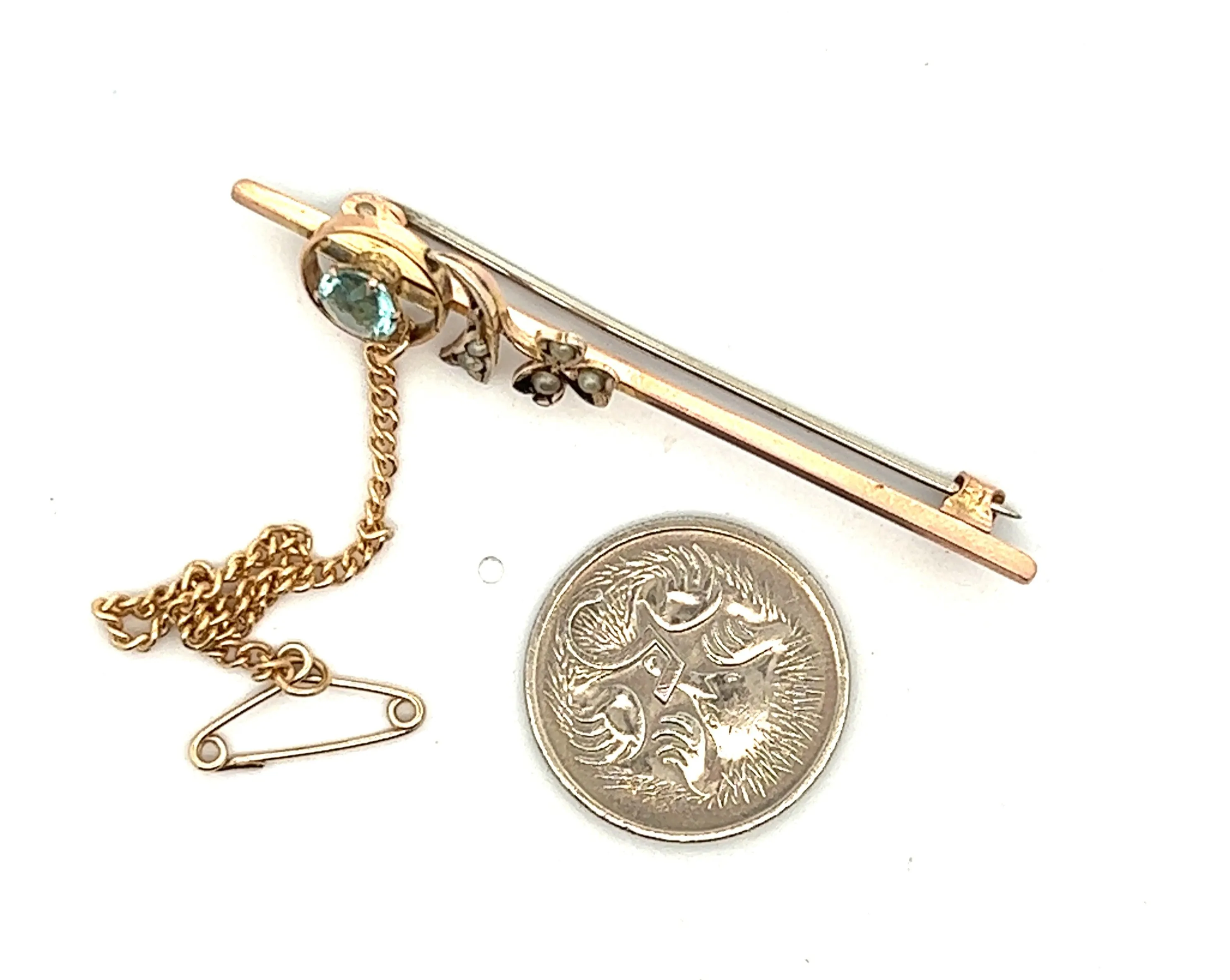 Topaz & Seed Pearl 9ct Rose Gold Bar Brooch