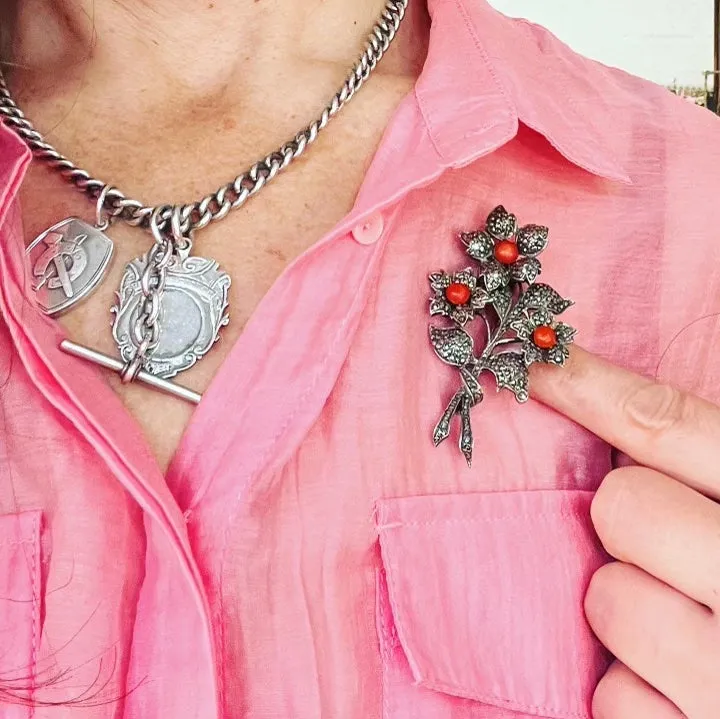 Victorian French Coral Flower Brooch
