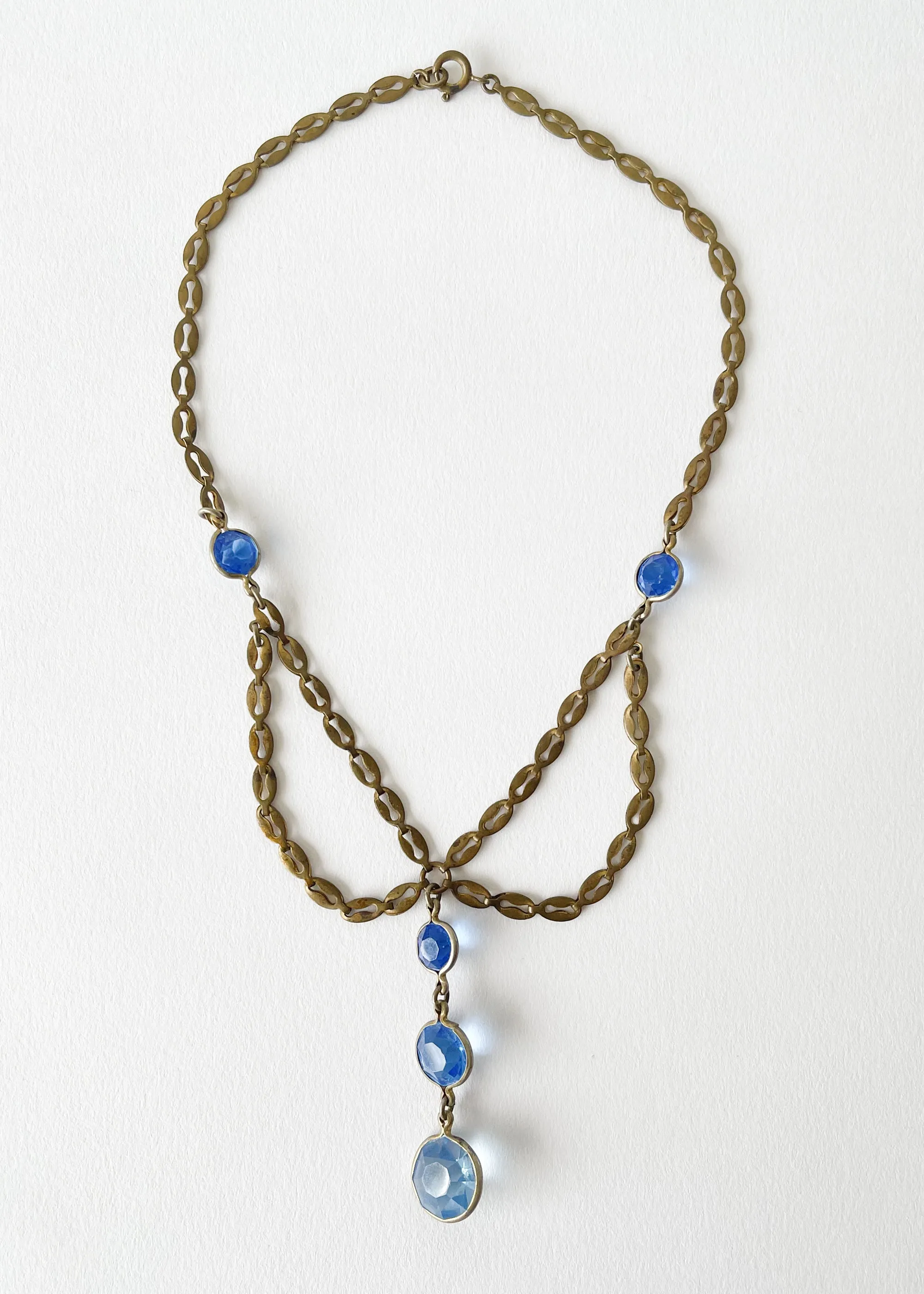 Vintage 1930s Blue Crystal and Brass Necklace