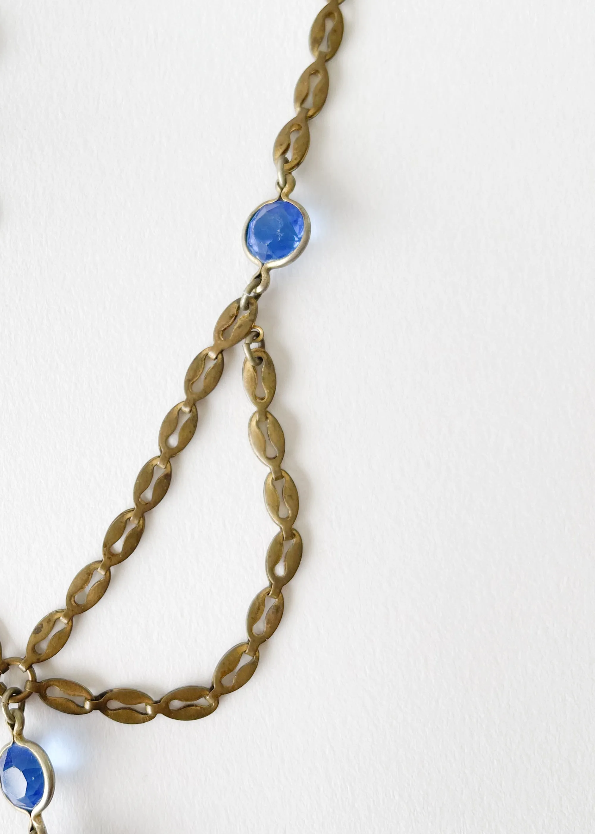 Vintage 1930s Blue Crystal and Brass Necklace