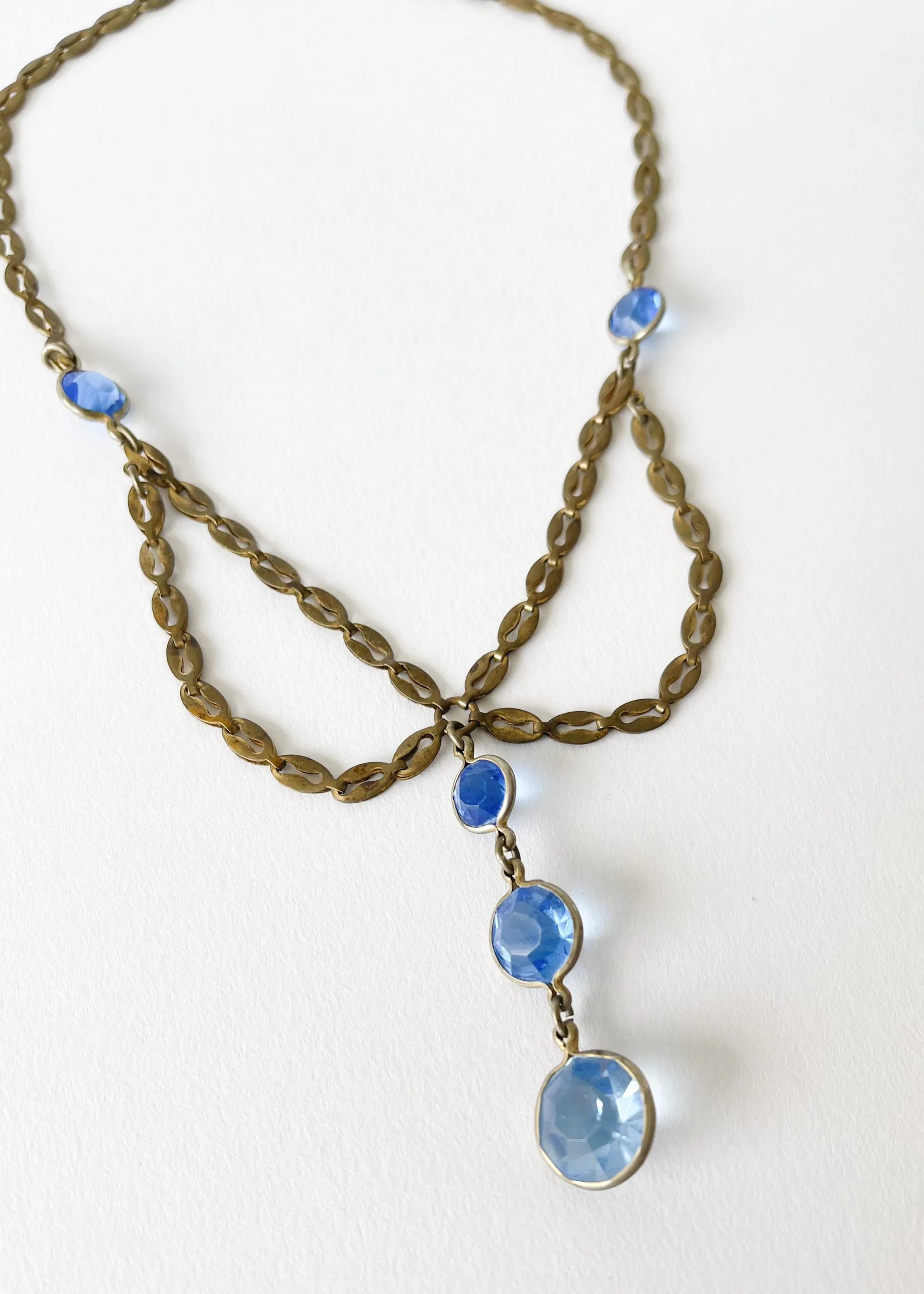 Vintage 1930s Blue Crystal and Brass Necklace