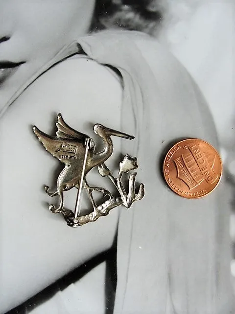 VINTAGE 1930s Sterling Silver Signed CORO Brooch STORK Pin Bird Lovely Details Perfect Gift For Expecting Mom Collectible Silver Jewelry