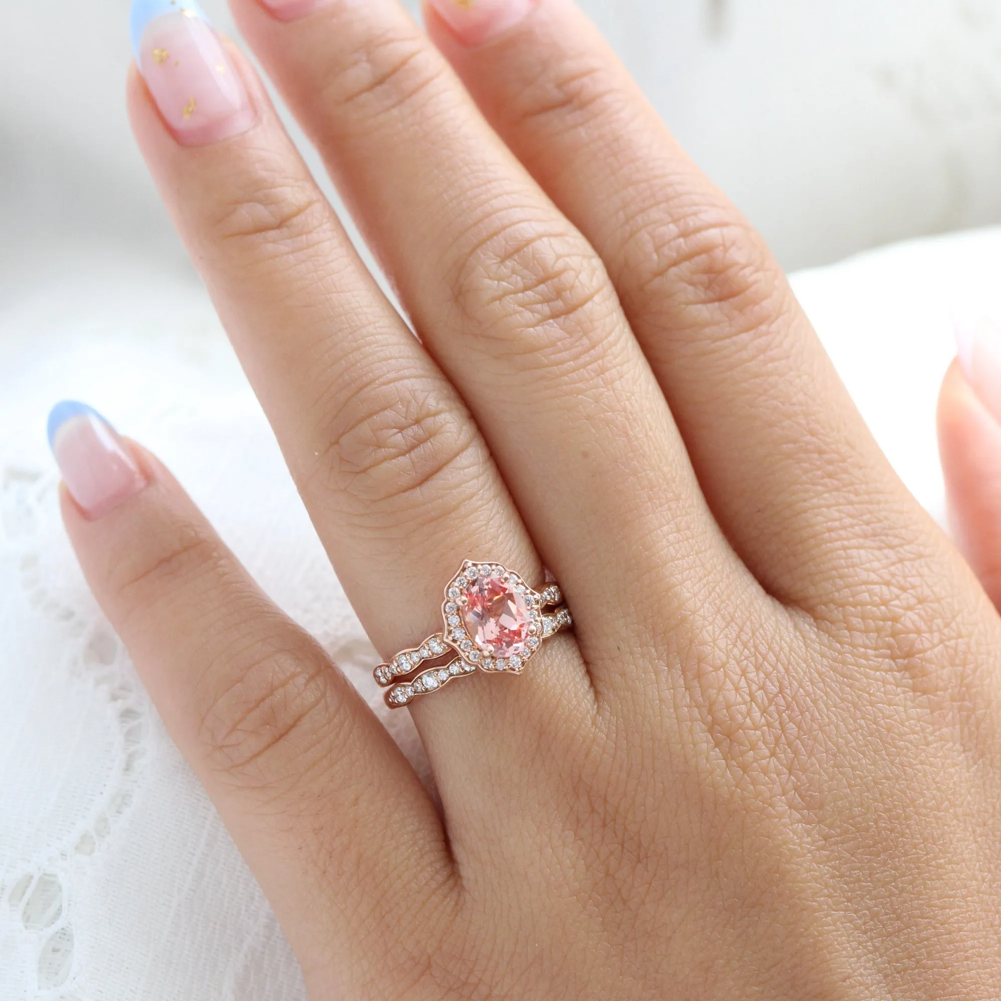 Vintage Floral Oval Ring Bridal Set w/ Champagne Peach Sapphire and Diamond