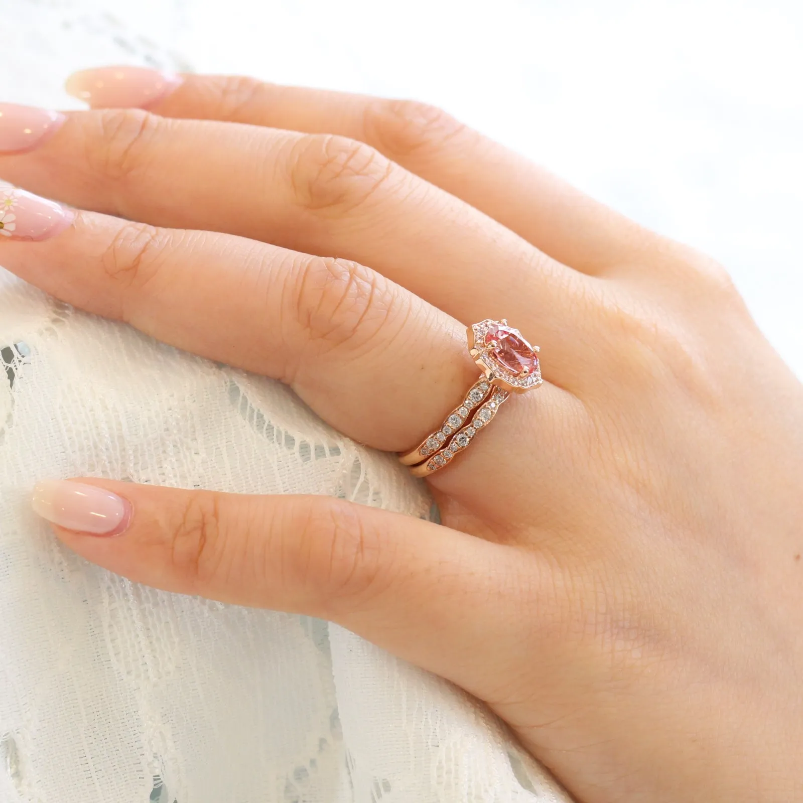 Vintage Floral Oval Ring Bridal Set w/ Champagne Peach Sapphire and Diamond
