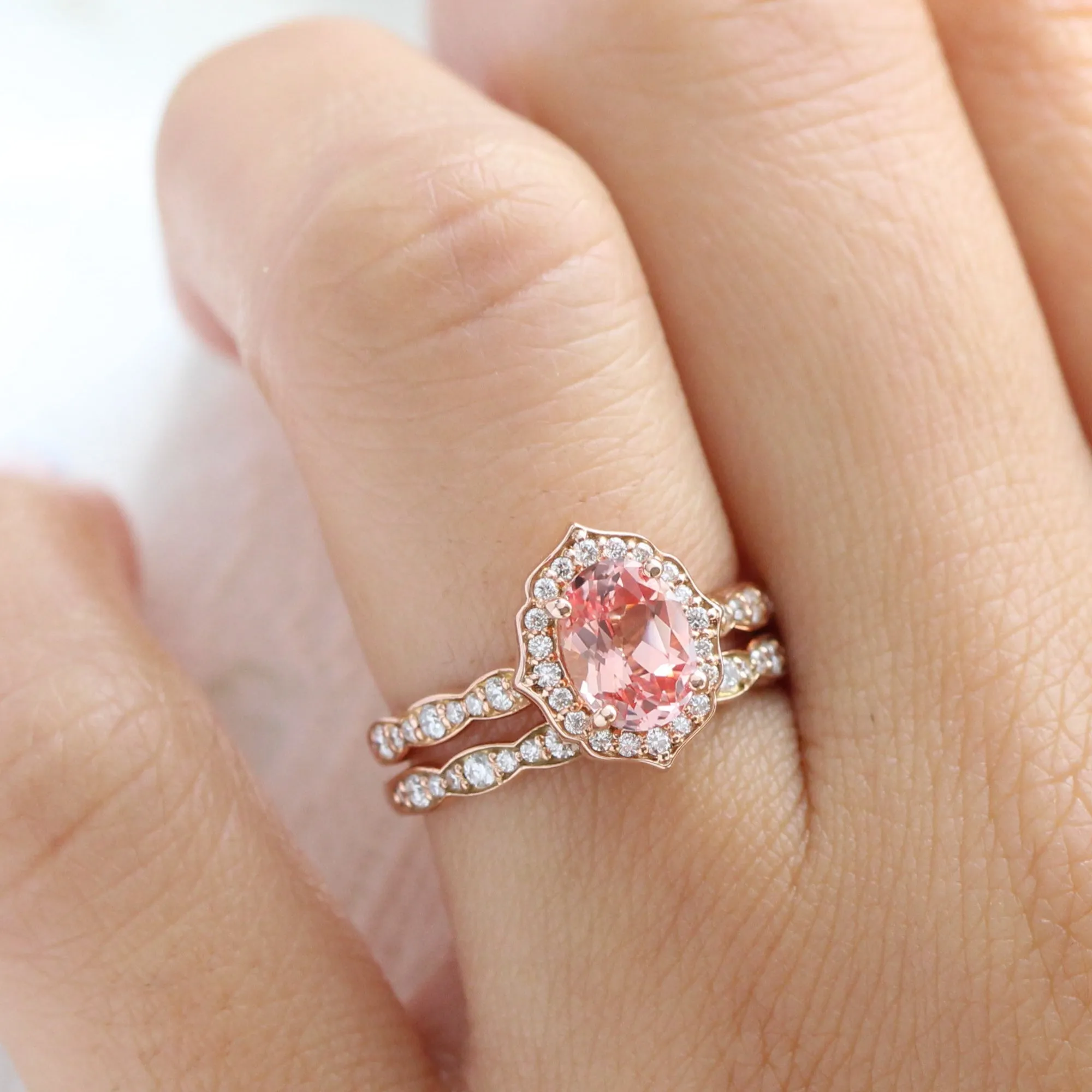 Vintage Floral Oval Ring Bridal Set w/ Champagne Peach Sapphire and Diamond