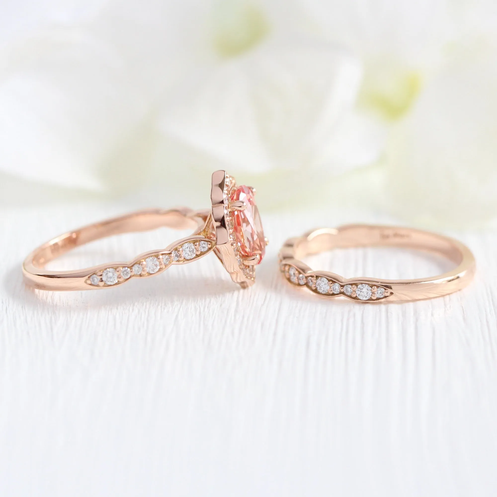 Vintage Floral Oval Ring Bridal Set w/ Champagne Peach Sapphire and Diamond