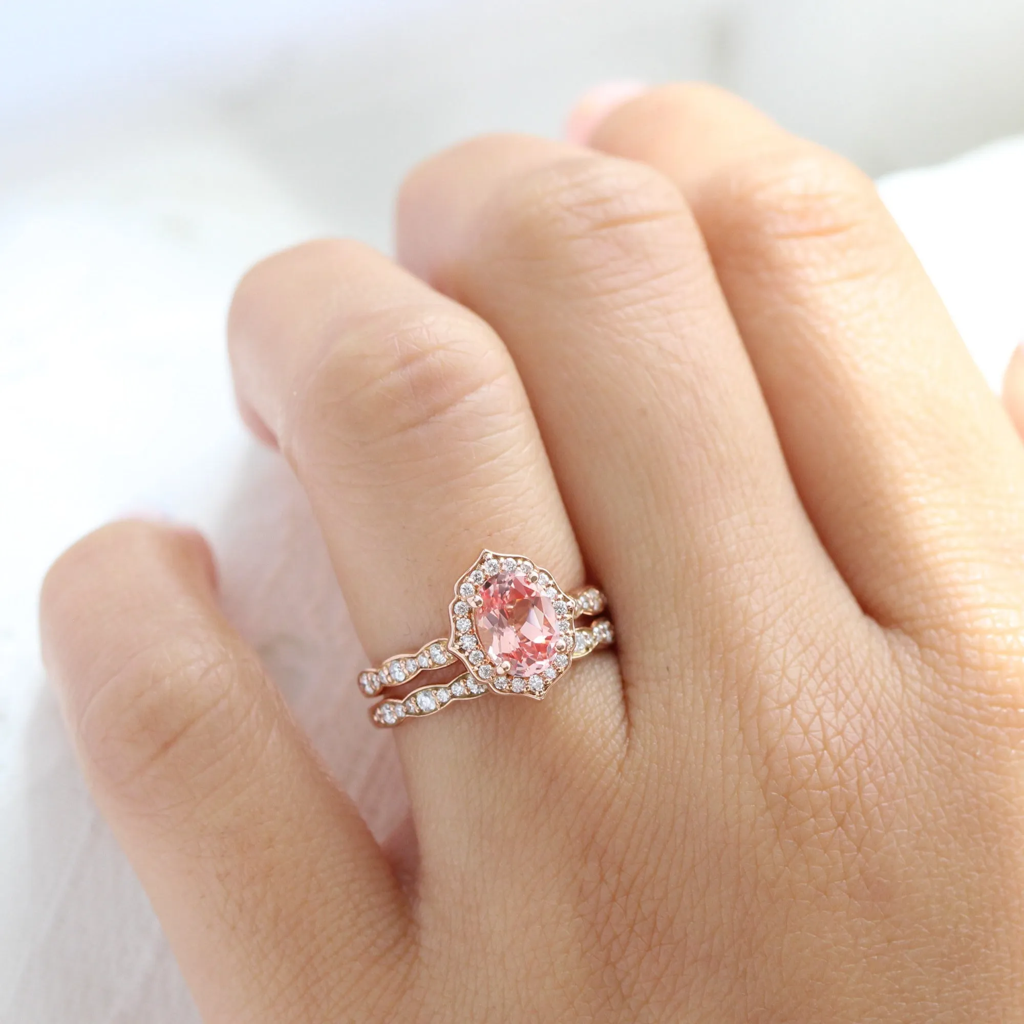 Vintage Floral Oval Ring Bridal Set w/ Champagne Peach Sapphire and Diamond