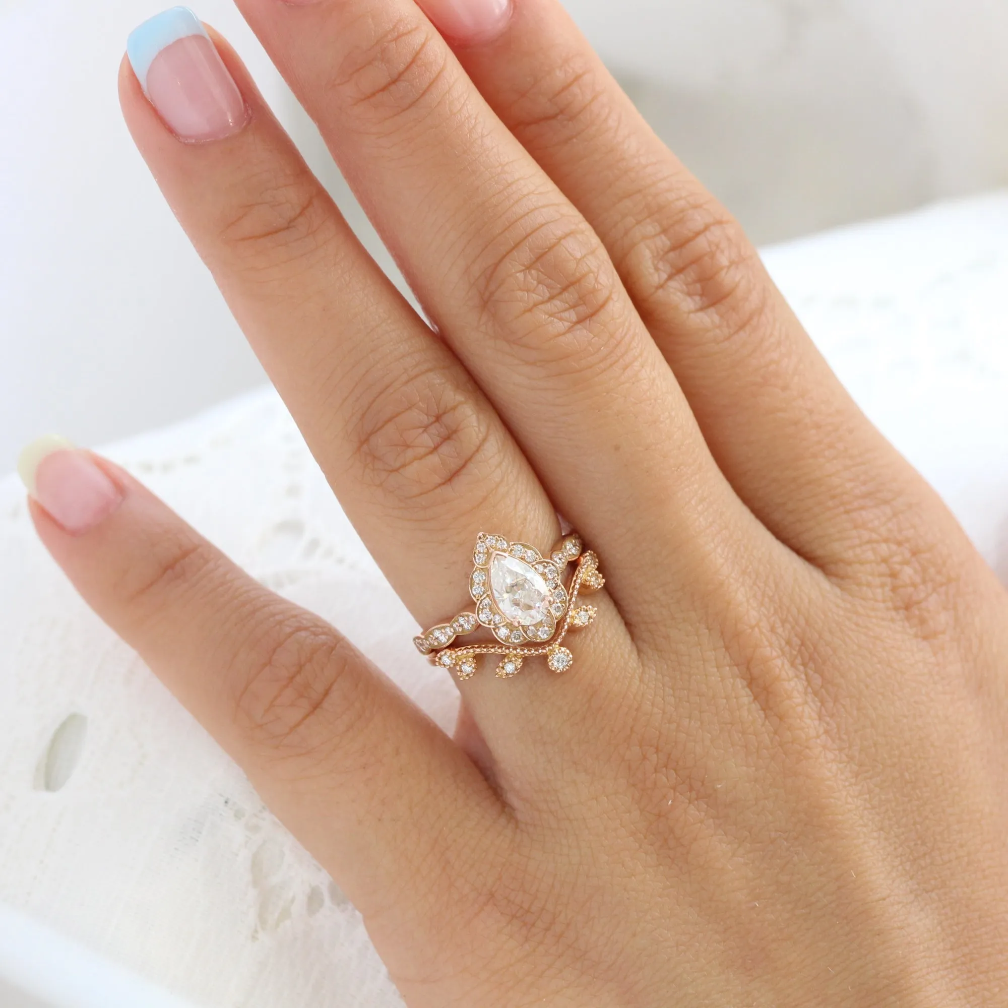 Vintage Floral Pear Ring Bridal Set w/ Moissanite and Curved Leaf Diamond Band