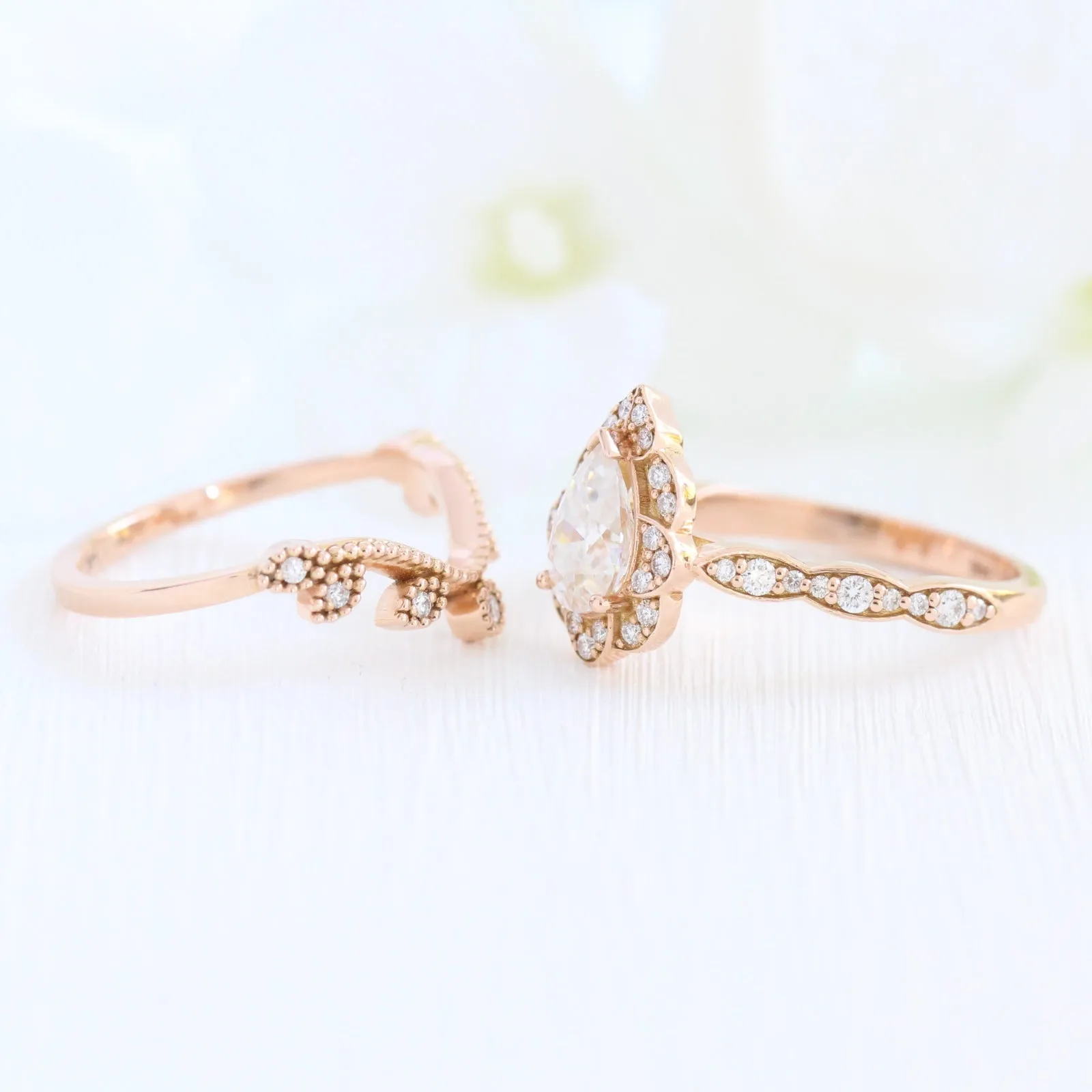 Vintage Floral Pear Ring Bridal Set w/ Moissanite and Curved Leaf Diamond Band