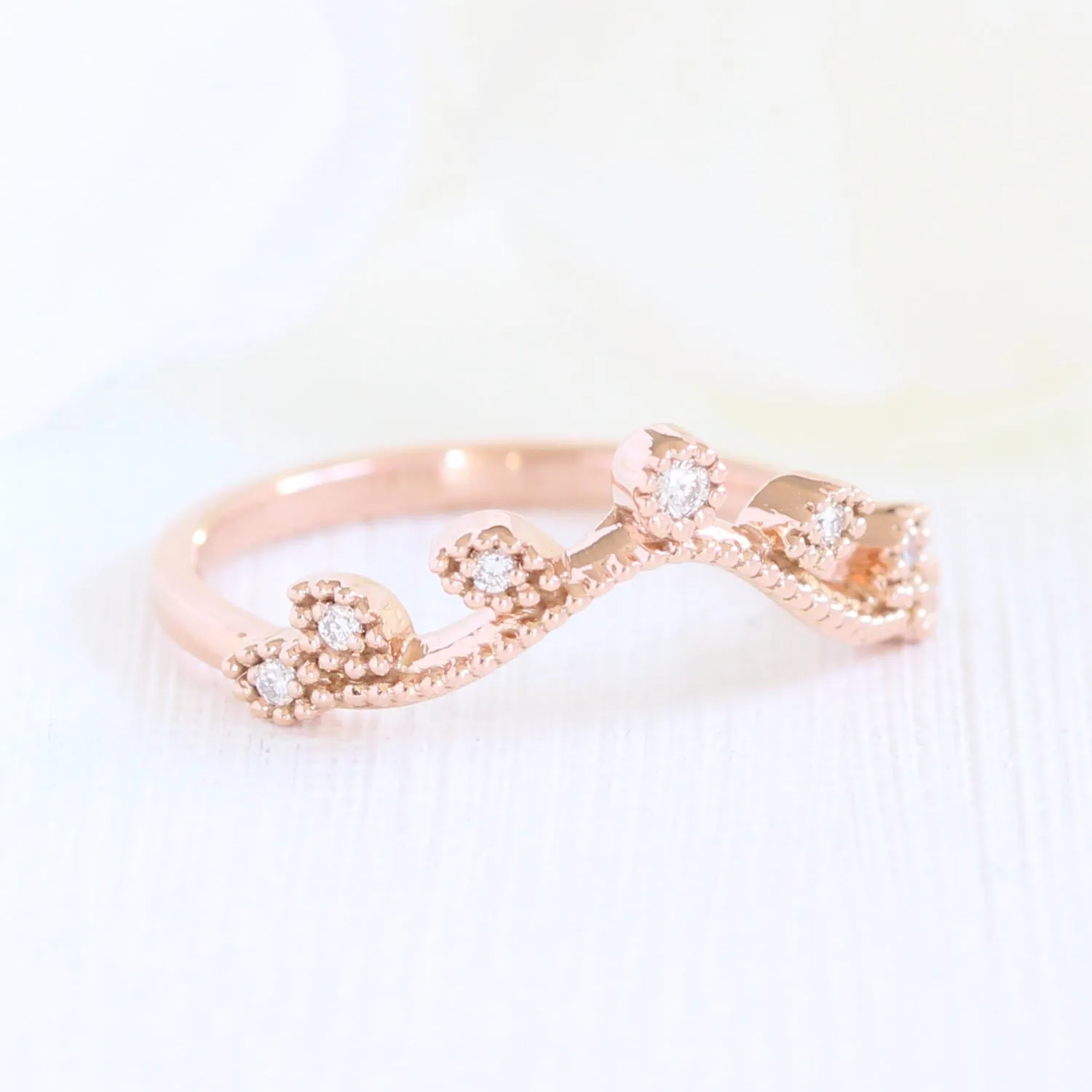 Vintage Floral Pear Ring Bridal Set w/ Moissanite and Curved Leaf Diamond Band