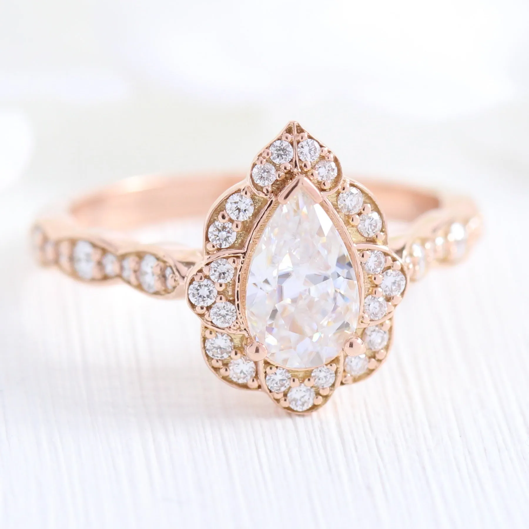 Vintage Floral Pear Ring Bridal Set w/ Moissanite and Curved Leaf Diamond Band