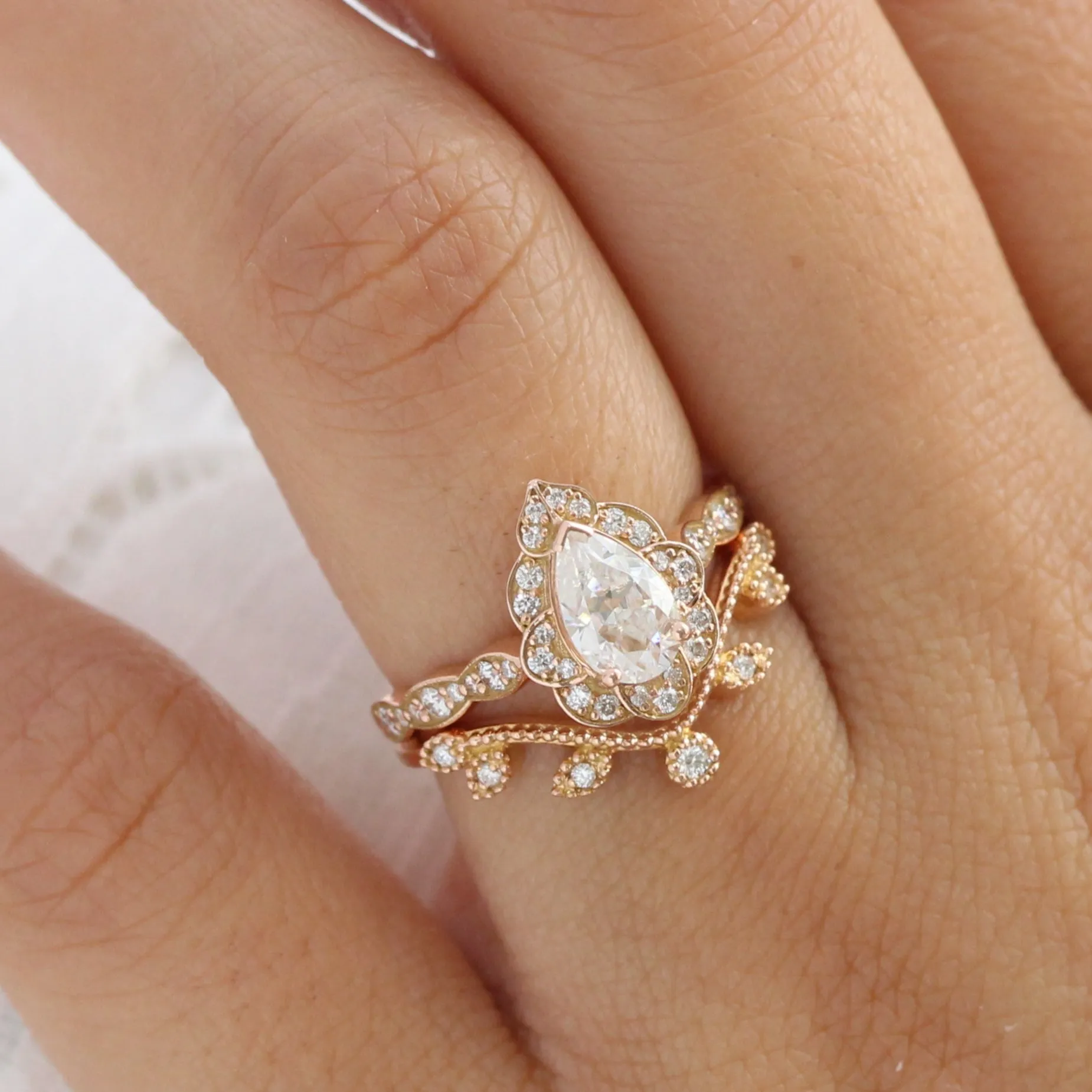 Vintage Floral Pear Ring Bridal Set w/ Moissanite and Curved Leaf Diamond Band