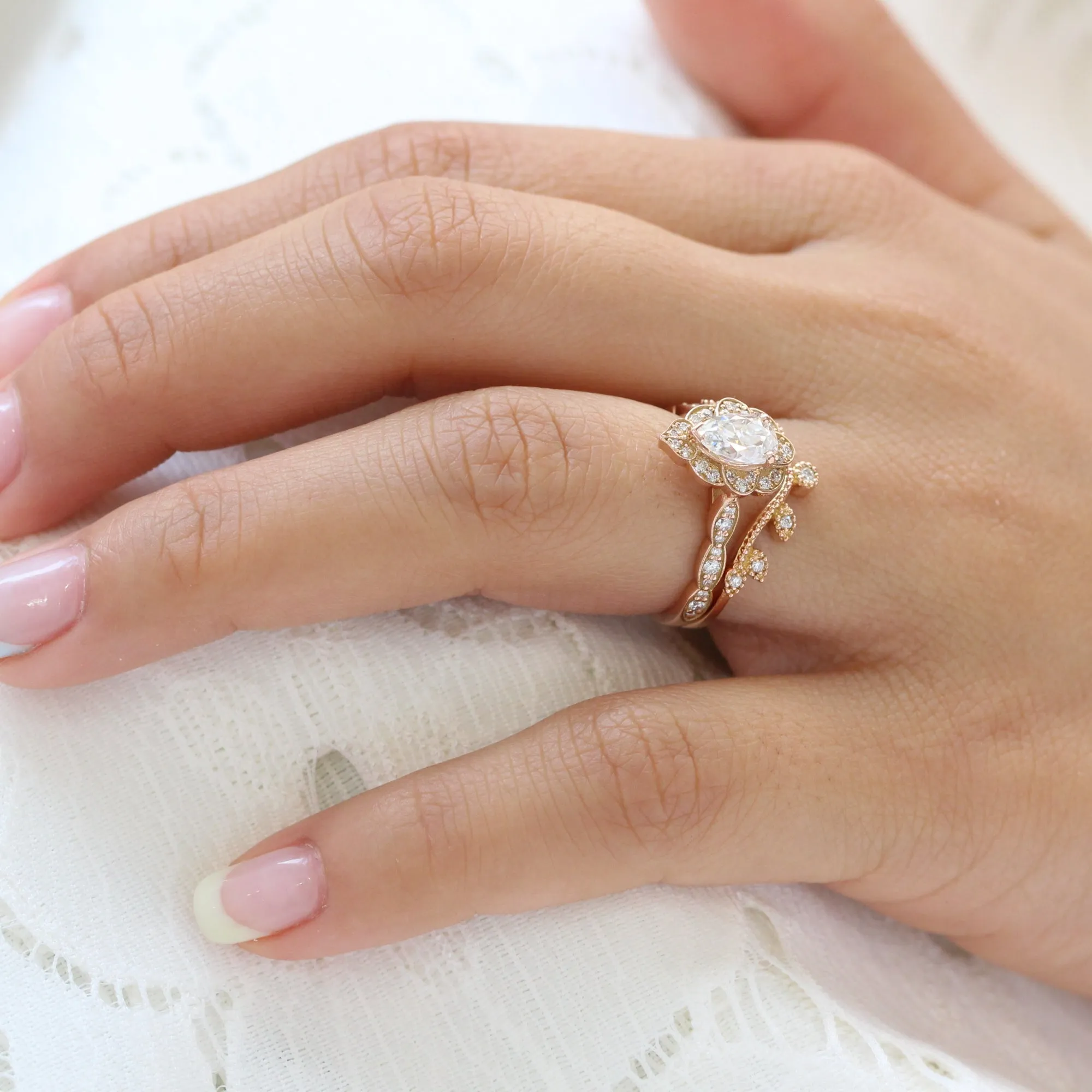 Vintage Floral Pear Ring Bridal Set w/ Moissanite and Curved Leaf Diamond Band