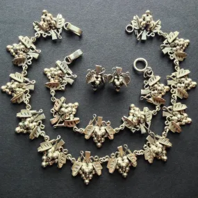 Vintage Mexican solid sterling 925 silver necklace, bracelet and earrings (pierced) demi-parure, grapes design, hallmarked