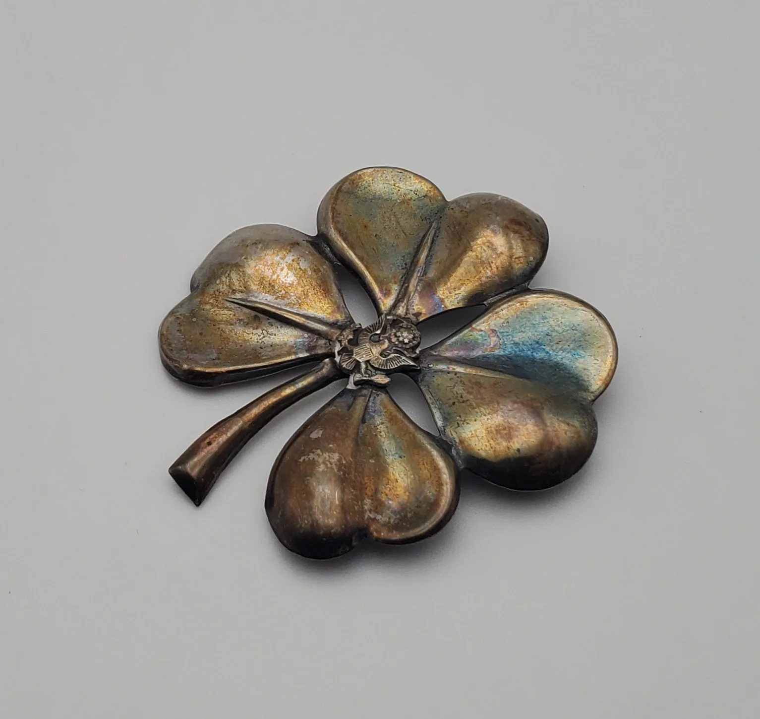 Vintage Sterling Silver Four Leave Clover with US Military Officer Insignia Brooch - MISSING PIN
