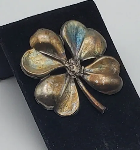 Vintage Sterling Silver Four Leave Clover with US Military Officer Insignia Brooch - MISSING PIN