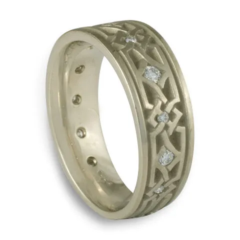 Wide Weaving Stars with Diamonds Wedding Ring in 14K White Gold